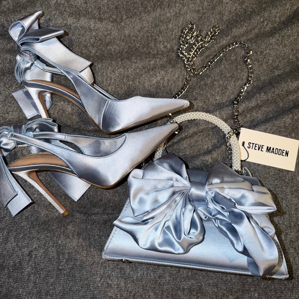 STEVE MADDEN SET BRAND NEW WITH TAGS TEACUP SATIN BOW PURSE AND HEELS SET